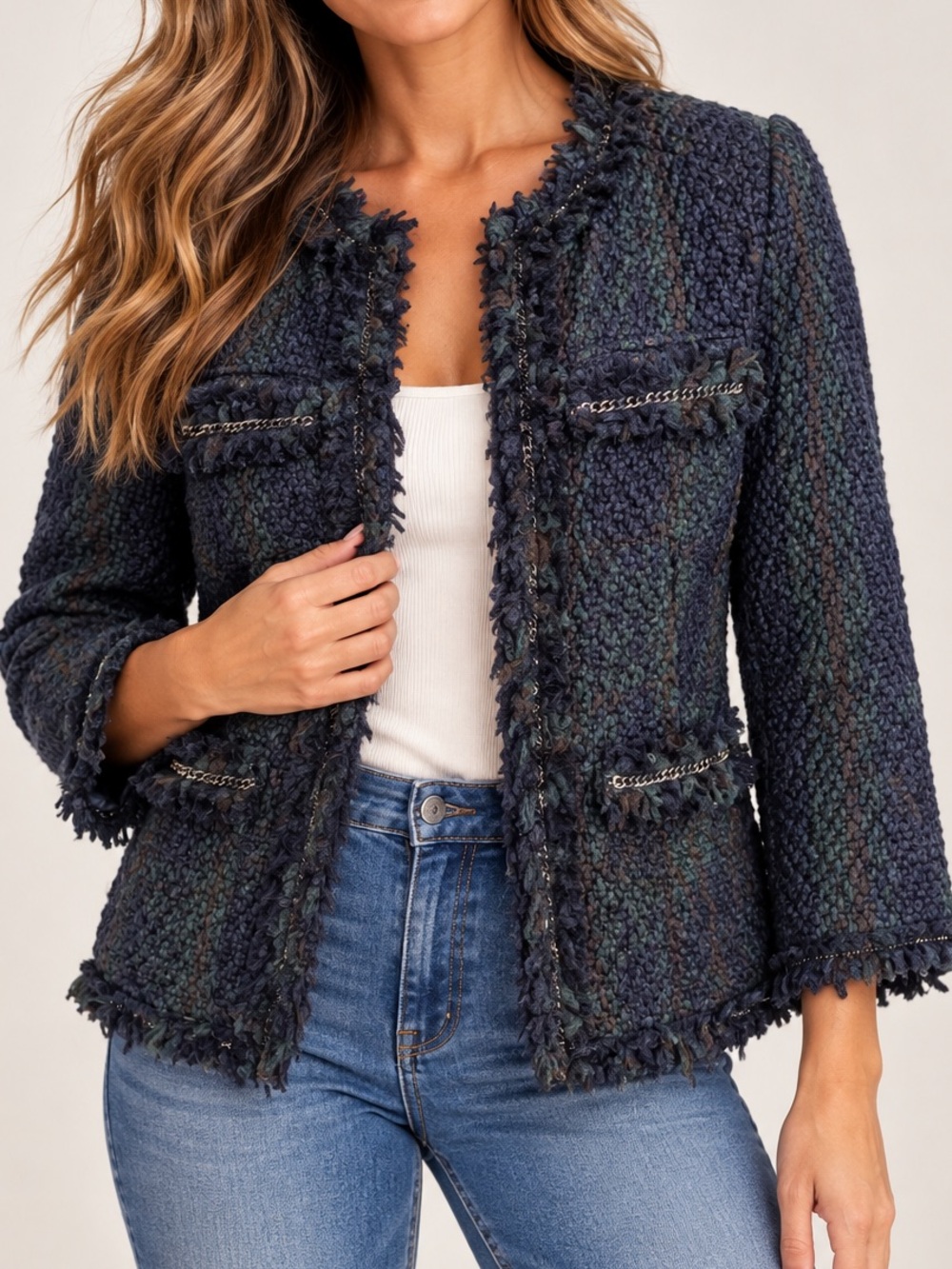 Joe Fresh Boucle Tweed Jacket Chain Trim Fringe Navy Green Size 10